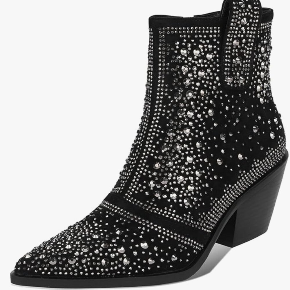 ISNOM Women's Crystal Boot Rhinestone Pointed Toe Ankle Boots Mid Heel